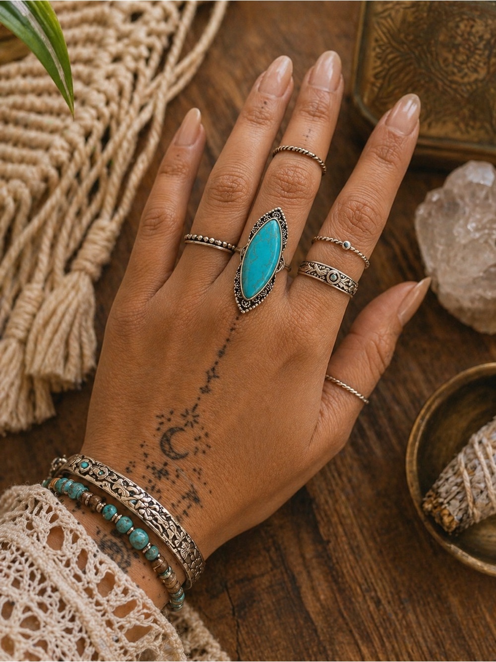 Anthropologie Turquoise Marquise Ring with Silver Accents